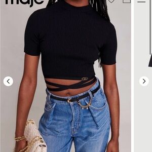 Maje Mosea Black Ribbed Tie Back Crop Top Size 1 S EUC